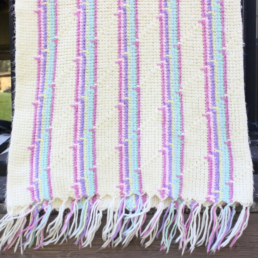 Vintage 80's Handmade Retro Crochet Throw Afghan Blanket Cream Pink Blue Green